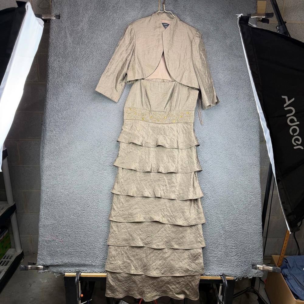 R&M Richards Womens Metallic Tiered Gown with Bolero Jacket Gold Size 14
